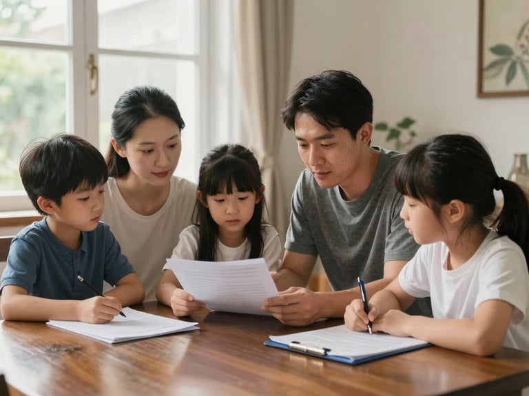 Environmental photograph of a family of four seated at a dining table reviewing documents together, home interior with natural window light, papers and a folder visible on the table, calm and unposed