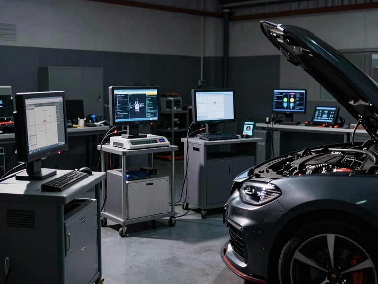 Wide shot of a clean, organized automotive workshop with modern diagnostic equipment connected to a vehicle, highlighting the high-tech environment, under dramatic workshop lighting, deep shadows, rich metallic reflections, 50mm lens