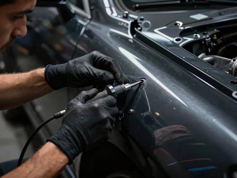 Close-up of a skilled technician's hands wearing gloves, carefully working on a car body panel with a specialized precision tool, under dramatic workshop lighting, deep shadows, rich metallic reflections, 50mm lens