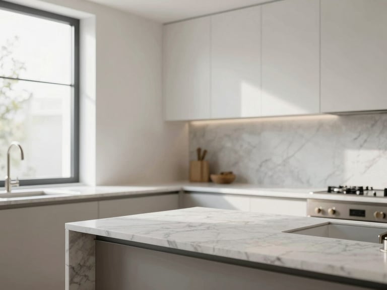 Bright, airy kitchen interior with clean marble countertops, natural diffused light from a side window, architectural interest