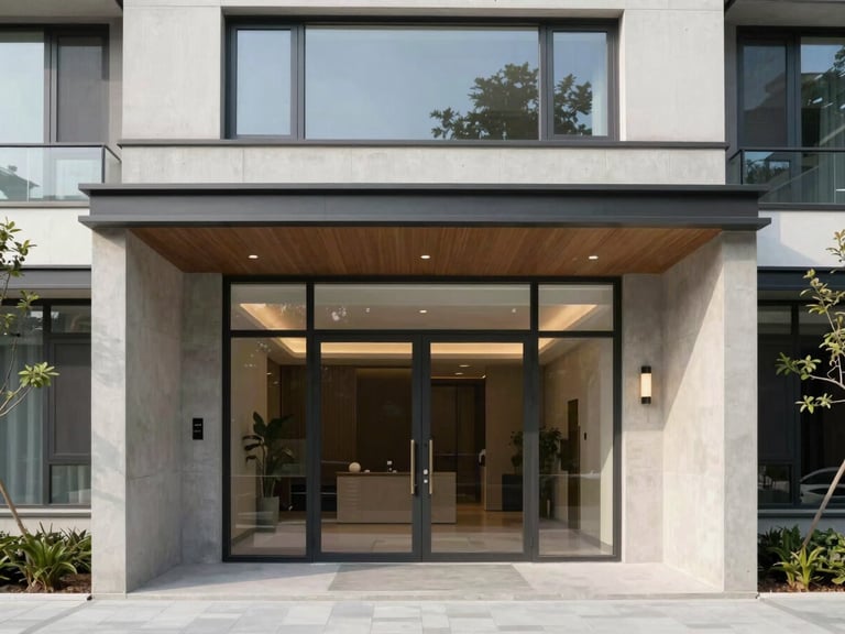 Straight-on architectural view of a modern residential building entrance, refined concrete and steel detailing, soft daylight