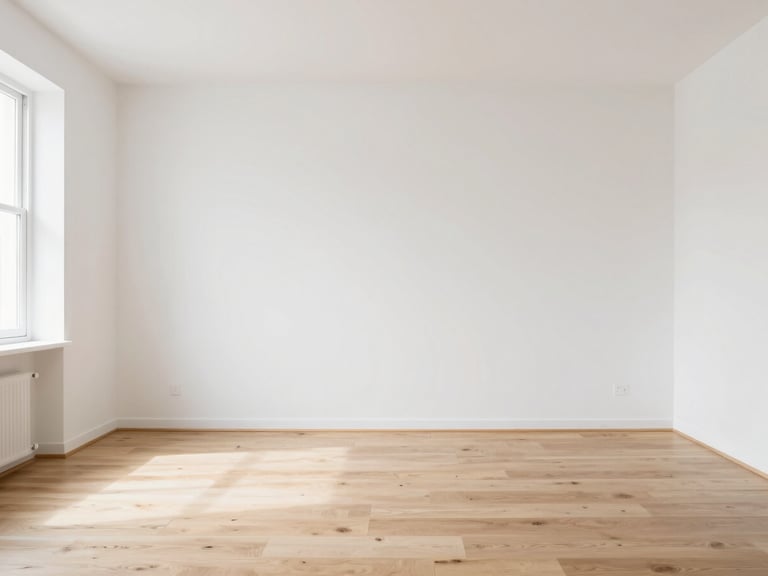 Eye-level architectural photography of a bright, minimalist apartment interior, soft natural daylight, white walls, light oak flooring, 35mm lens.