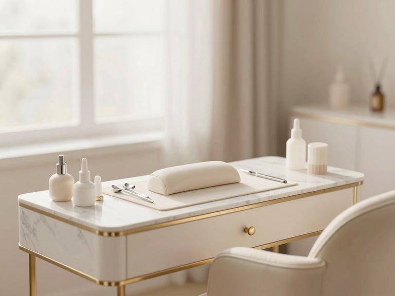 A serene, sunlit private nail studio workstation with minimalist cream and gold accents, a single comfortable chair, and clean tools arranged on a marble tray