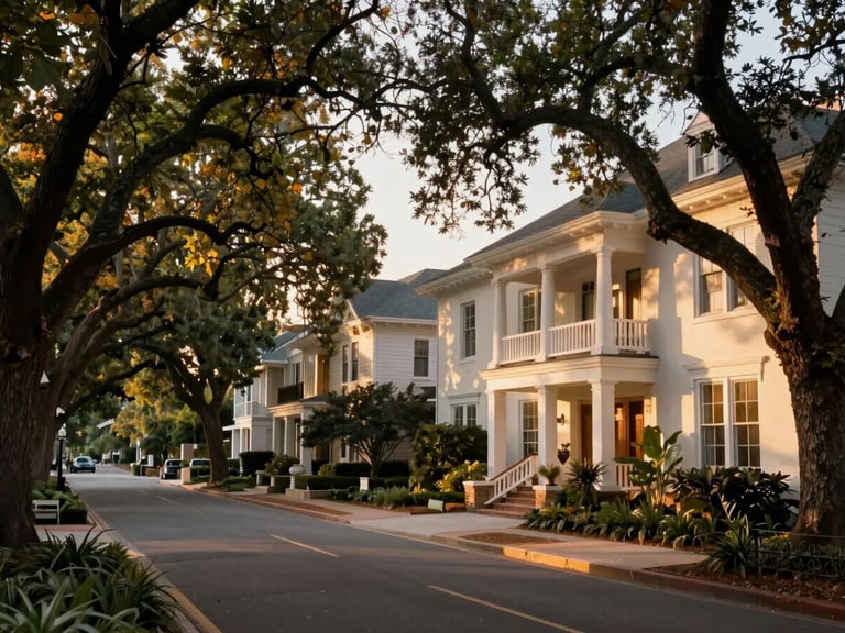 Wide environmental shot of a quiet tree-lined historic street in Roswell at golden hour, elegant residential architecture visible through mature oak trees, warm soft light.