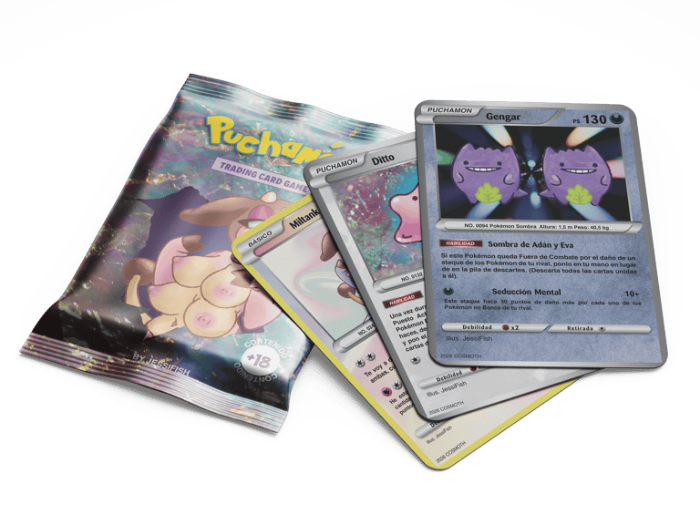 Custom Puchamon trading cards featuring Gengar and Miltank next to a holographic booster pack.