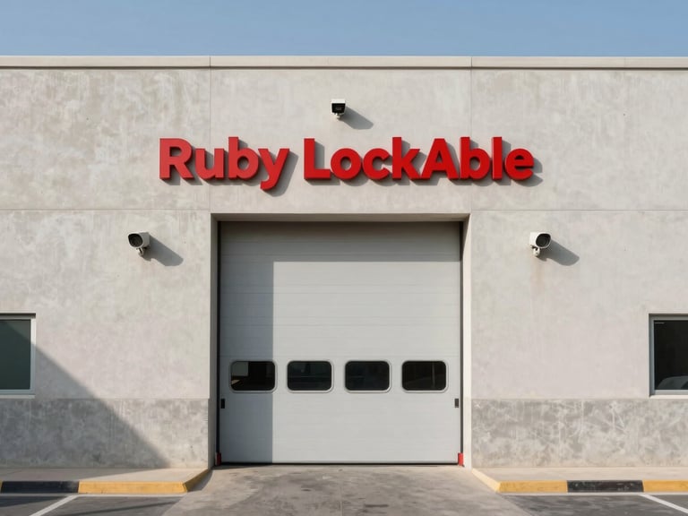 Straight-on symmetrical shot of the clean, modern exterior of Warehouse No. 3 in Al Quoz, Dubai. Bright midday sun casting sharp shadows on concrete, a bold ruby-red sign reading 'Ruby LockAble' above the wide loading bay door, industrial-grade security cameras visible.