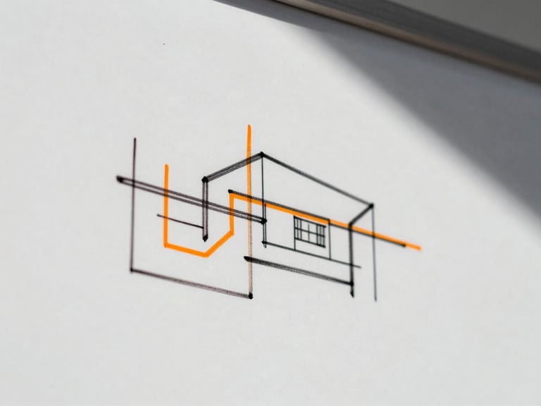 Close-up of a technical diagram being sketched on a whiteboard, crisp lines, safety-orange highlights, sharp shadows, 35mm lens.