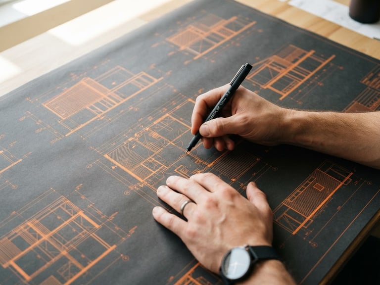 Architectural blueprint drawing with sharp orange lines on a dark background, hands holding a technical pen, high-contrast daylight, crisp focus, 35mm lens.