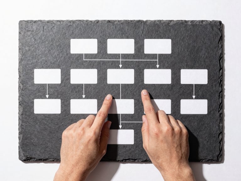 Hands pointing to a detailed workflow diagram on a screen, high-contrast, sharp focus, natural daylight, minimalist.