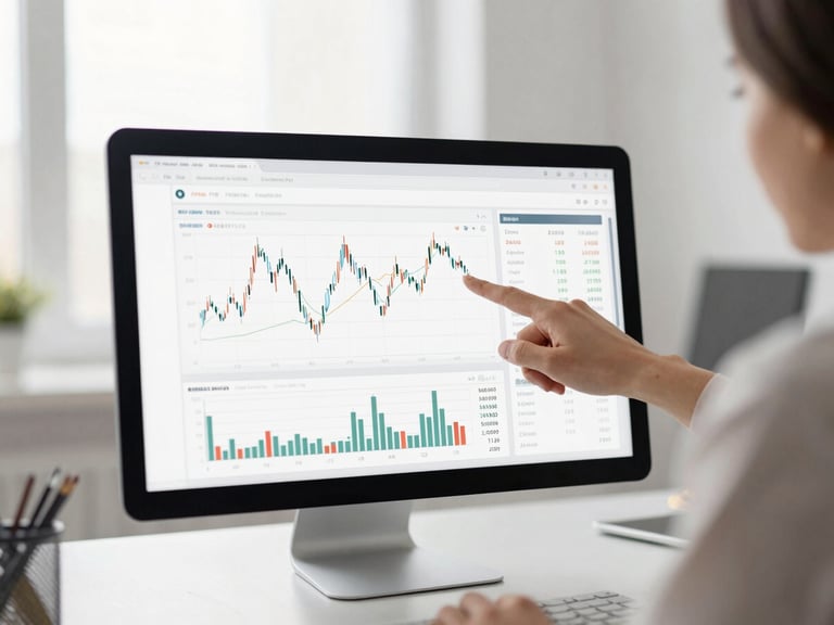 Modern digital interface displaying financial charts and data, with a hand pointing to a key metric, clean architectural shot of a workspace, bright natural light.