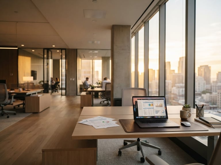Wide panoramic professional office environment at golden hour, a modern desk with a laptop and documents on the right third, expansive clean space, low horizon, bright natural office light, clean neutral tones, shallow depth of field, 35mm