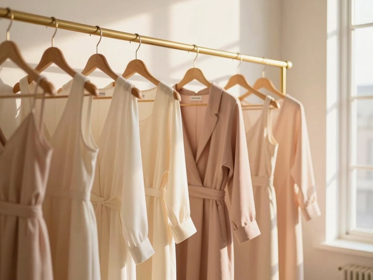 Warm editorial photography of a beautifully arranged boutique interior, soft golden hour sunlight filtering through a window, cream and blush pink fabrics hanging on brass clothing racks, minimalist decor, 35mm