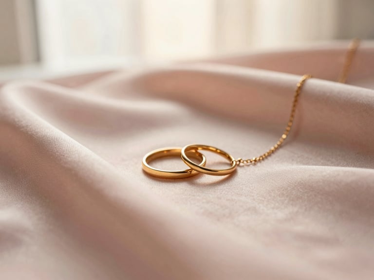 Macro shot of delicate gold rings and a slender chain necklace resting on soft blush pink silk fabric, warm morning light, shallow depth of field