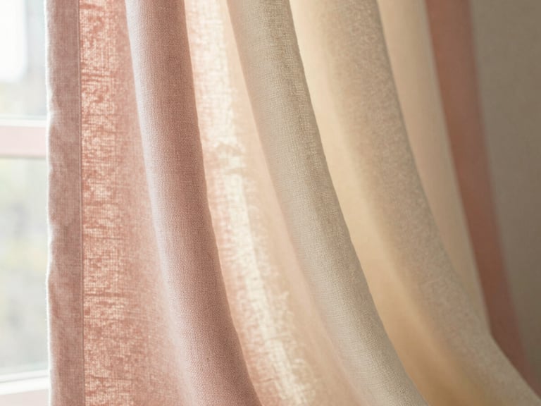 A close-up of premium fabric textures, showcasing soft blush pink linen and cream woven cotton draping elegantly under warm diffused window light