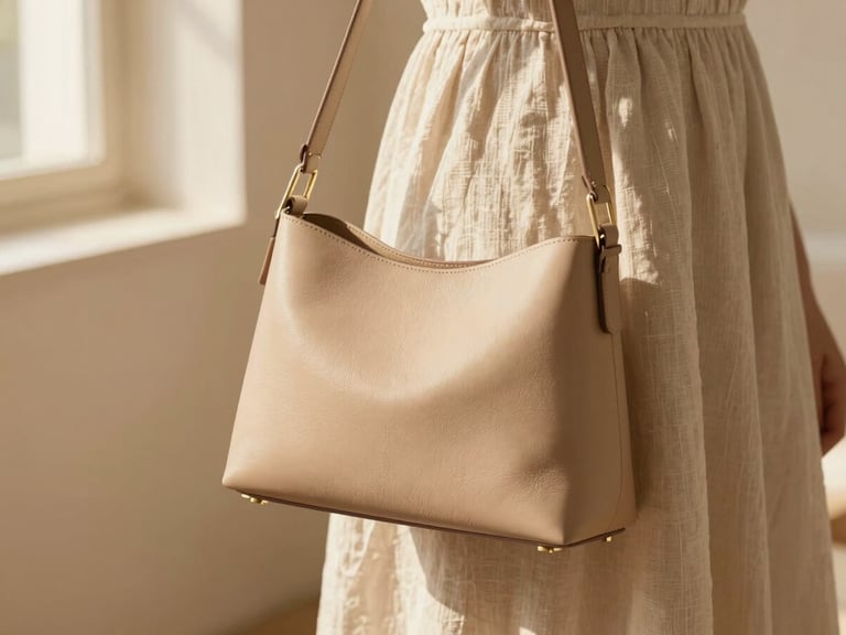 A minimalist sand-colored leather shoulder bag with delicate gold accents, styled next to a soft linen dress under warm diffused sunlight, high-end editorial composition