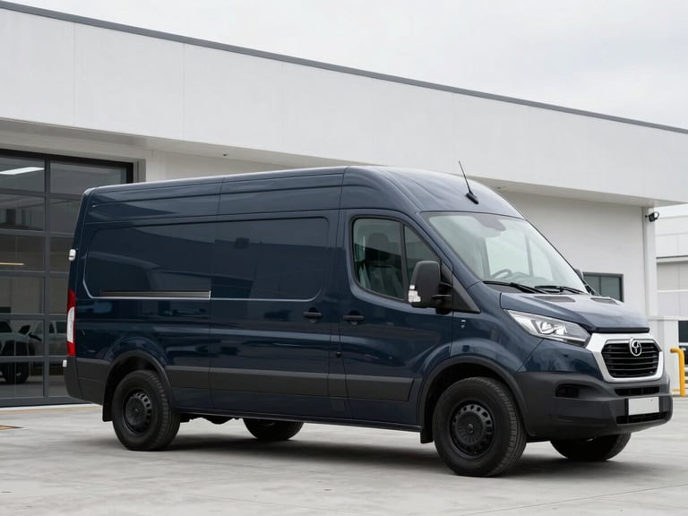 A clean, dark-colored commercial van with subtle Hughes Security Engineering LLC branding, parked in front of a modern secure facility, crisp technical photography, sharp overcast daylight, deep navy and stark white tones, high contrast, architectural lens, no people
