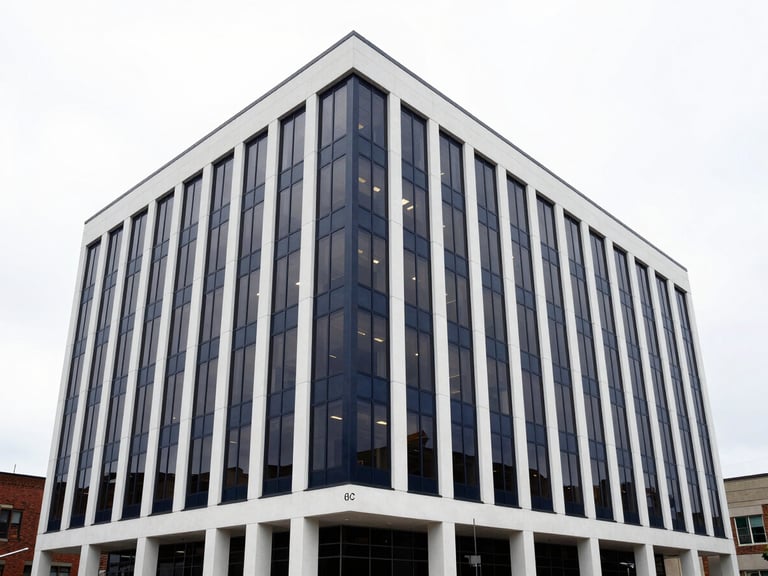 Wide architectural shot of the Hughes Security Engineering LLC office building in Williamsburg, Virginia, modern, secure, professional, crisp technical photography, sharp overcast daylight, deep navy and stark white tones, high contrast, architectural lens, no people