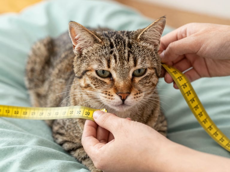 Close-up of hands gently measuring a calm tabby cat with a soft yellow measuring tape, warm natural light, focus on the fabric textures and the caring interaction, 35mm