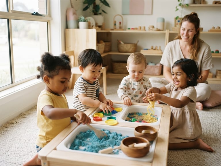 Bright, clean play area with soft natural light, a diverse group of toddlers engaged in sensory play, a caregiver gently supervising from the background, warm editorial photography, shallow depth of field.