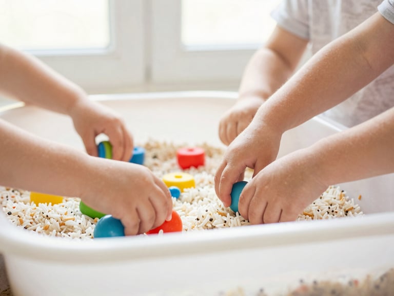 Toddlers playing with colorful sensory bins filled with rice and small toys, clean hands, bright natural window light, soft pastel tones, shallow depth of field, authentic moment