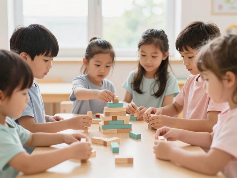 Preschoolers engaged in a cooperative building block activity, focused expressions, clean and organized play area, bright natural window light, soft pastel tones, shallow depth of field, authentic moment