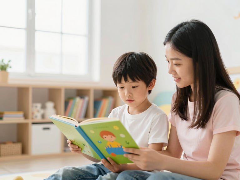 Child and caregiver reading a colorful picture book together in a bright, clean learning space, natural light, soft pastel tones, shallow depth of field, authentic moment