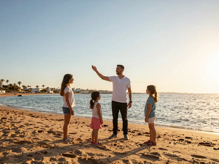 Bright environmental photo of a modern tour guide welcoming a family on a sun-drenched beach in Sharm El Sheikh, warm golden-hour sunlight, high contrast