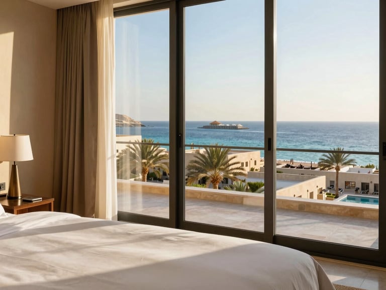 Bright editorial travel photography of a modern hotel room overlooking the Red Sea coast in Egypt, warm daylight, high contrast