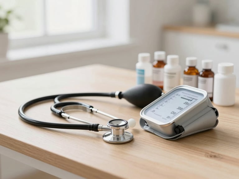 A close-up of a professional medical kit on a wooden table in a bright villa, featuring a stethoscope, blood pressure monitor, and neatly organized medication vials, soft morning light