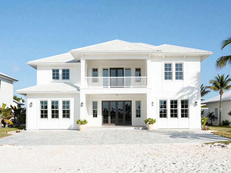 Bright editorial photography of a pristine coastal luxury estate exterior in Santa Rosa Beach, high-key natural daylight, ocean blue tones, 35mm