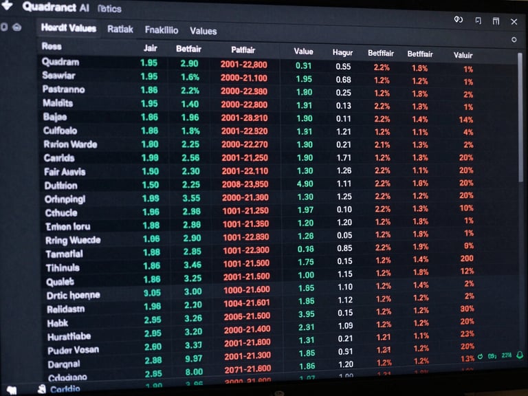 High-fidelity UI screenshot of the Quadrant AI ratings terminal. A dense data grid showing horse names, calculated fair value odds in cyan, Betfair live market odds in coral, and percentage value discrepancies. Dark mode, sharp borders.