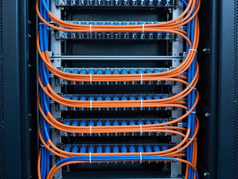 Symmetrical straight-on architectural shot of a pristine server rack with perfectly combed and color-coded blue and orange cables, high-contrast architectural lighting, 35mm