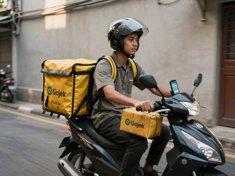 Wide shot of a Gojek courier on a motorbike navigating a narrow alley, holding a package, phone mounted on handlebars showing delivery route, motion blur on background walls, afternoon light