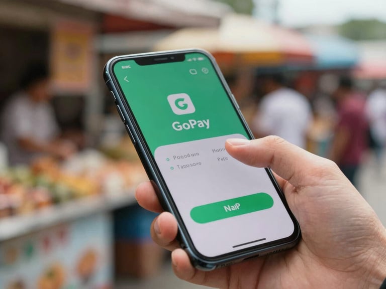 Close-up of a finger tapping the GoPay payment confirmation screen on a smartphone, blurred market stall in the background, natural daylight, transaction in progress