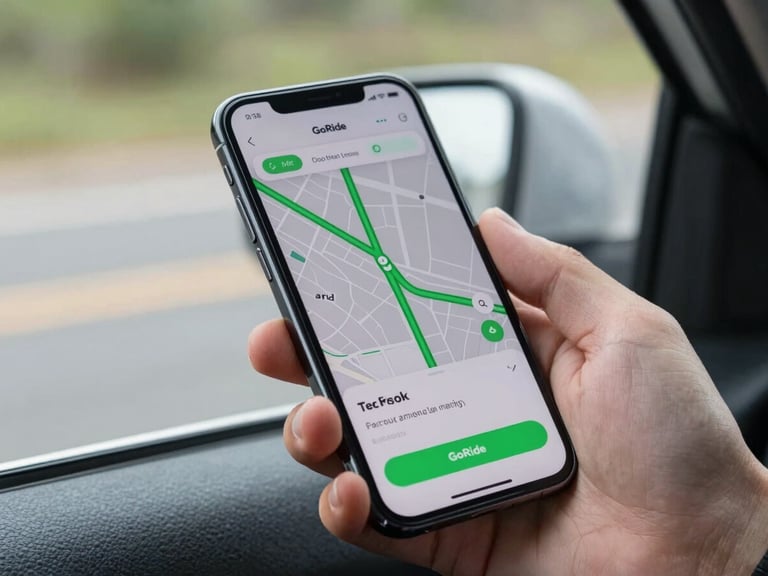 Close-up of a hand holding a smartphone displaying the GoRide booking screen mid-ride, green map route visible, natural daylight from a car window, motion implied by slight blur in the background