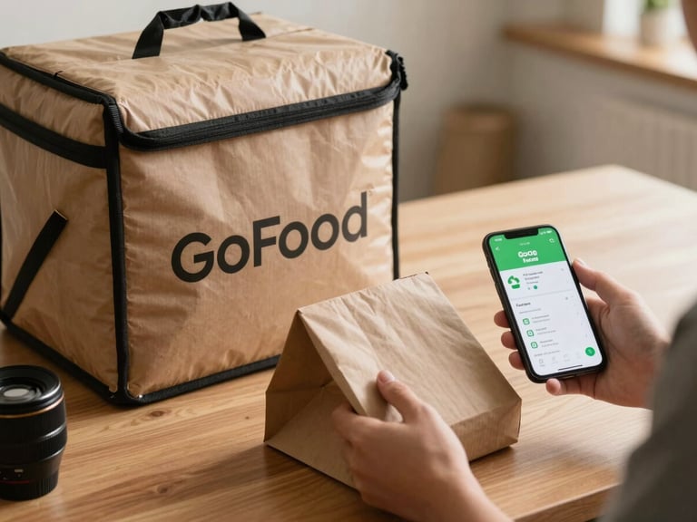 Environmental wide shot of a customer unboxing a GoFood delivery bag on a desk, phone beside it showing the GoFood order status screen, warm indoor lighting, hands mid-motion