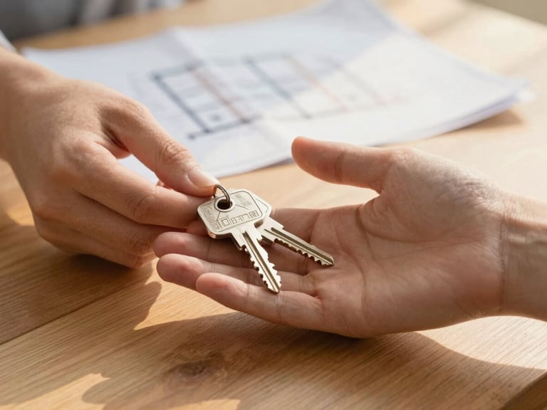 Macro shot of hands receiving shiny new home keys over a clean wooden table, blueprints softly blurred in the background, warm golden hour lighting.