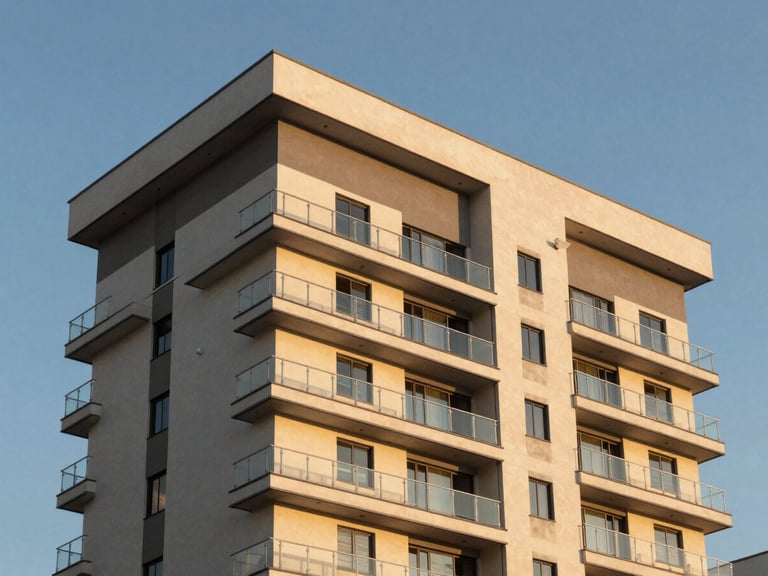 Modern residential building facade in Suzano under golden hour light, clean architectural lines, blue sky background