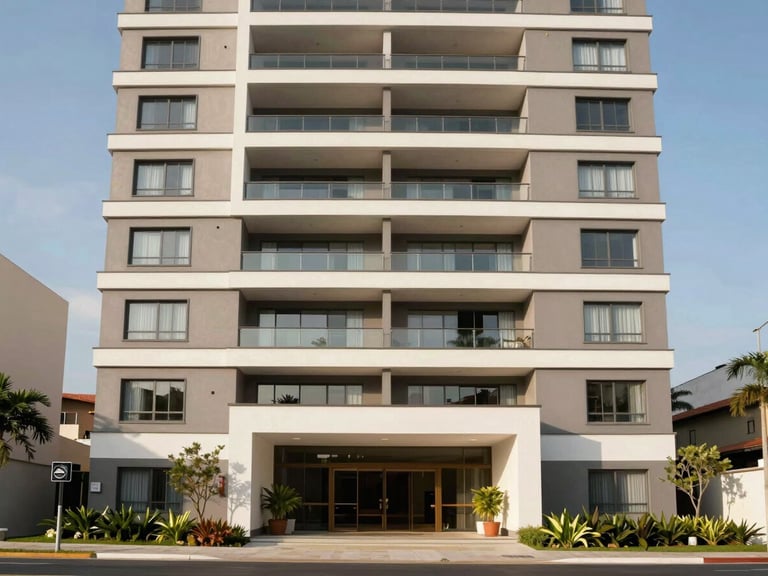 Modern apartment building facade in Mogi das Cruzes during daylight, contemporary architecture with clean lines, blue sky, landscaped entrance.