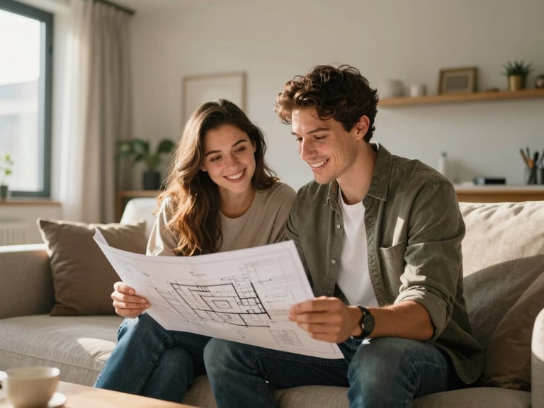 Warm, sunlit living room interior of a modern apartment, a young couple sitting on a sofa looking over architectural blueprints together, smiling, natural lifestyle lighting.