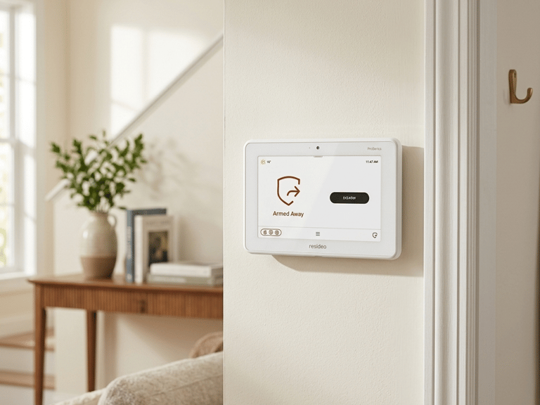 Honneywell Resideo Alarm System Pro7Aplus keypad installed on wall in home