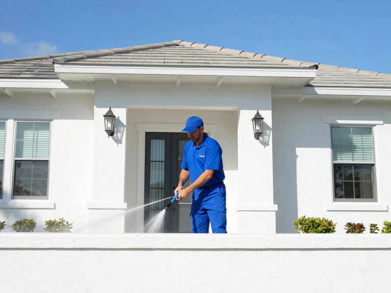 Bright architectural photography of a uniformed technician in a vivid cobalt blue polo shirt power washing a pristine stucco house facade in Southwest Florida under clear daylight.