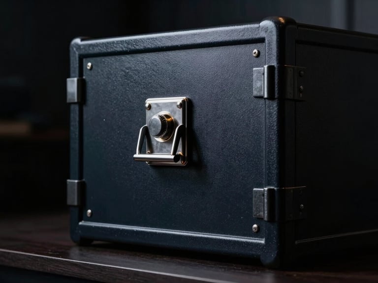 Detalle de una caja fuerte de seguridad de acero pulido en un entorno corporativo oscuro, con luz lateral dramática y sombras profundas.