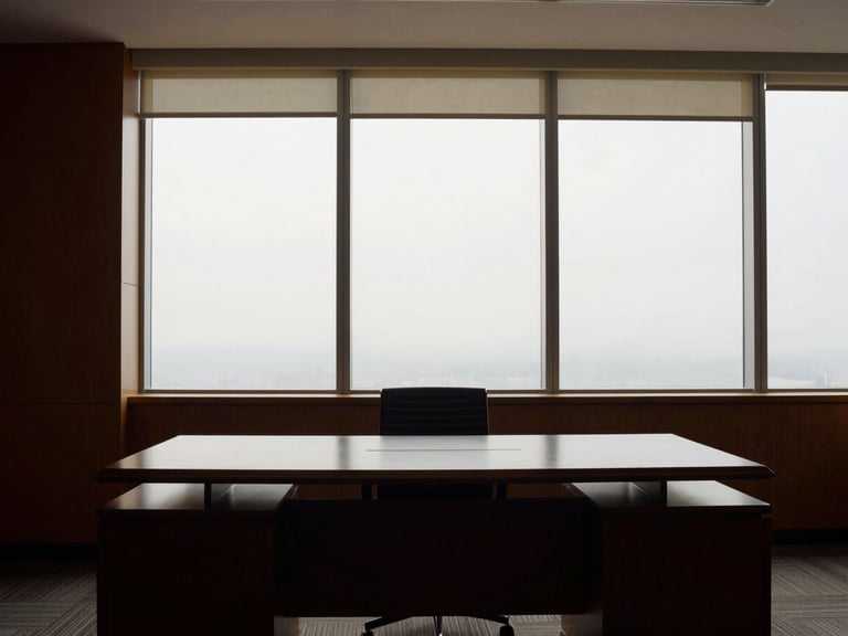Structured office interior with clean lines, dark mahogany desk, soft overcast daylight through tall windows, 35mm