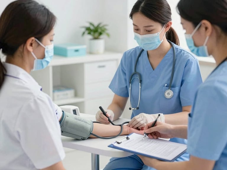 Registered nurse gently assisting a senior patient with post-operative exercises in a bright, sunlit living room, soft focus, muted blue and cream tones, warm editorial photography.