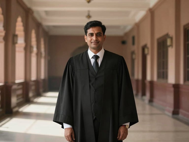 A partner of the firm in formal court attire, black robes and bands, standing in a structured, non-smiling, authoritative pose within the high-ceilinged corridors of the High Court of Rajasthan, dramatic side-lighting.