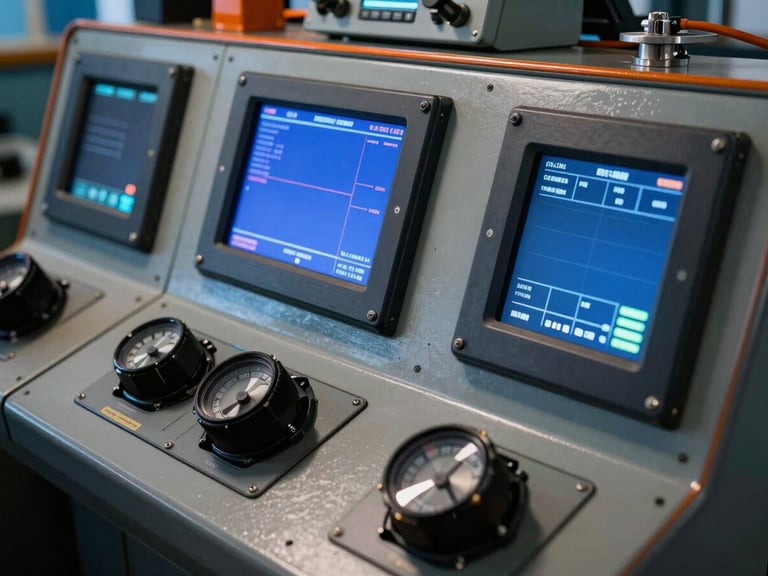 Close-up of complex marine electronics control panel on a ship bridge, cool blue screen glow, technical dials, sharp focus, 35mm lens