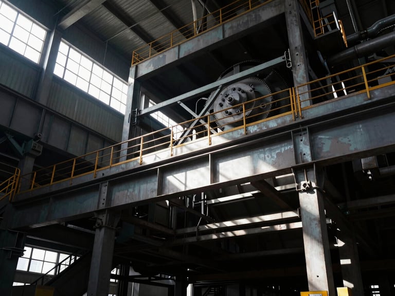 Low-angle shot of a massive industrial steel mill structure, dramatic natural light filtering through high warehouse windows, cool steel tones, 35mm lens