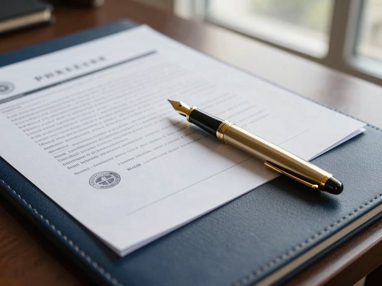 Close-up of structured legal documents with official stamps, a gold fountain pen resting on a dark navy leather desk, crisp natural daylight coming from a window.