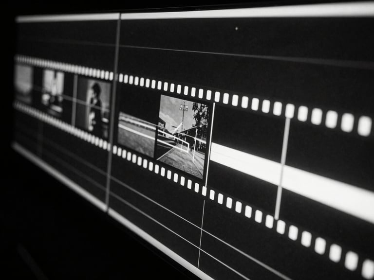 Abstract image of film editing timeline on a screen, sharp cuts, high-contrast monochrome, neon glow from the screen, cinematic.